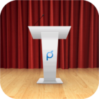Speechmaker app from Plum Amazing for android and ios. Consists of stage with red curtain background and wooden floor and white podium
