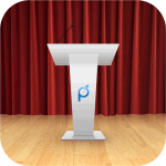 Speechmaker app from Plum Amazing for android and ios. Consists of stage with red curtain background and wooden floor and white podium
