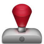 iWatermark Pro for Windows App from Plum Amazing. Consists of rubber stamp with red handle and gray stamp. watermark text logo graphic qr resize rename vector border signature metadata stegonography filters