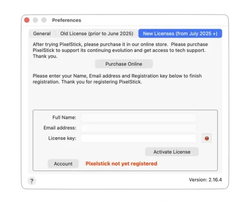 New License-Registration in PixelStick on the Mac